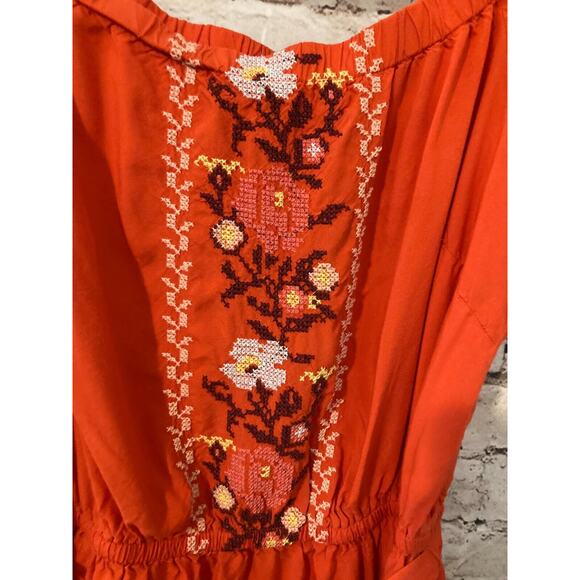 Old Navy Prairie Dress Womens Small Rust Orange Midi Embroidered Belted Flowy - Picture 4 of 14